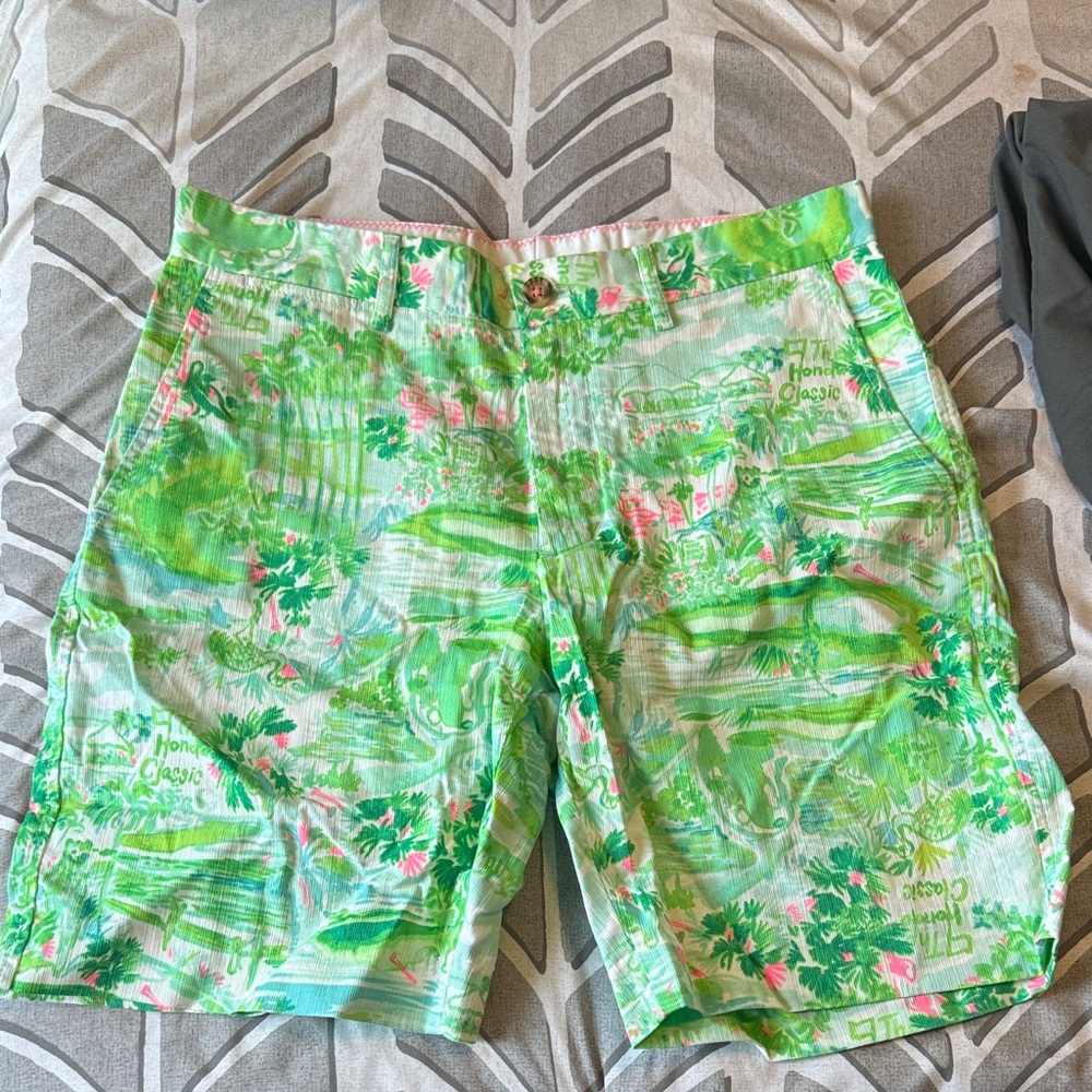 Lilly Pulitzer Vibrant Green and Pink Men's Shorts-Honda classic print